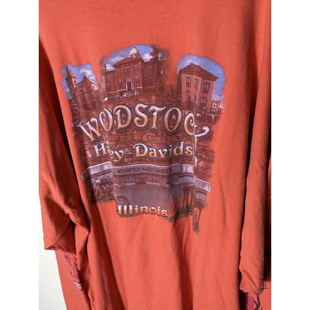 Vintage Harley-Davidson Shirt Mens 3XL Orange Woodstock IL Flames‎ Long Sleeve